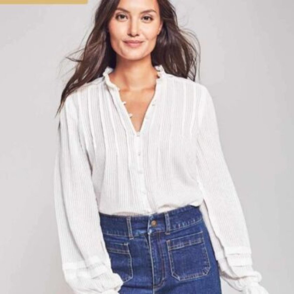 *NEW* FAHERTY Willa Button Down Ruffle Blouse Top Lace White Organic Cotton XS
